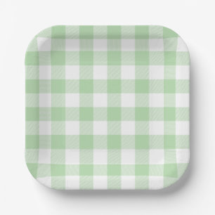 Pale Green Gingham Plaid Pattern Paper Plate