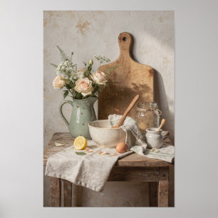 Pale Green Jug, Roses, and Lemon Poster