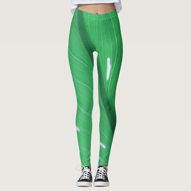 Pale Green Leaf Plant Pastel Colours Leggings (Front)