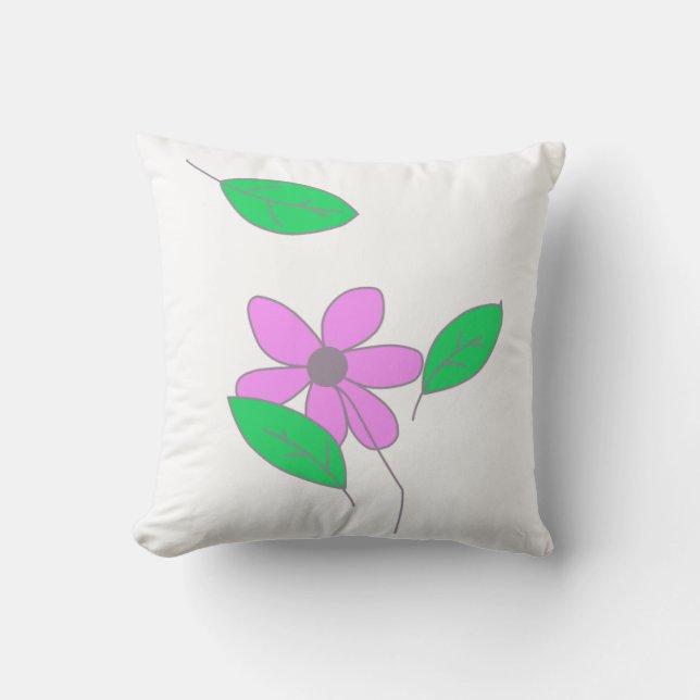 Pale Green Leaves Pink Flower Sketch Throw Pillow (Front)