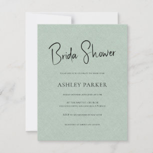Pale Green Linen Simple Black Script Bridal Shower Invitation