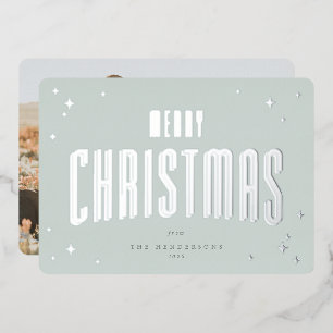 Pale Green Merry Christmas Retro Stars Photo  Foil Holiday Card