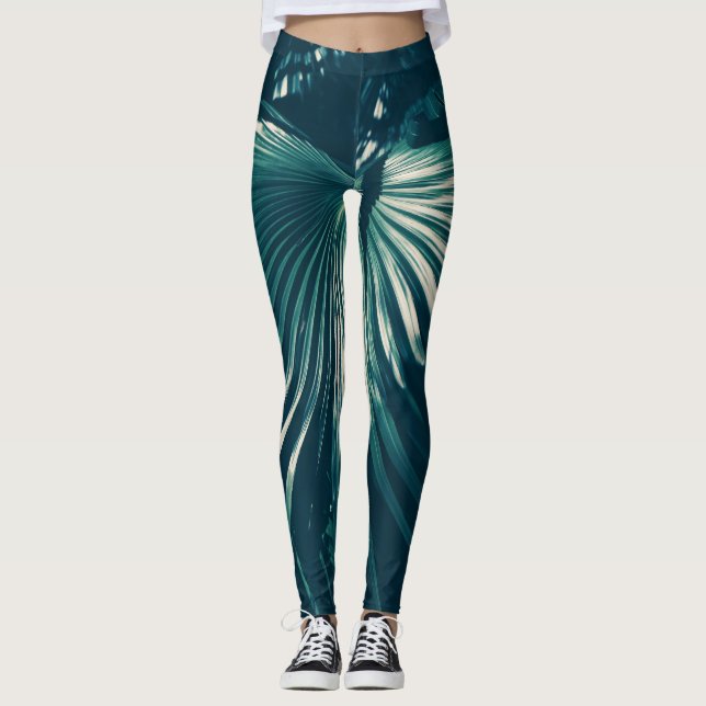 Pale Green Palm Tree Leaf Leggings (Front)