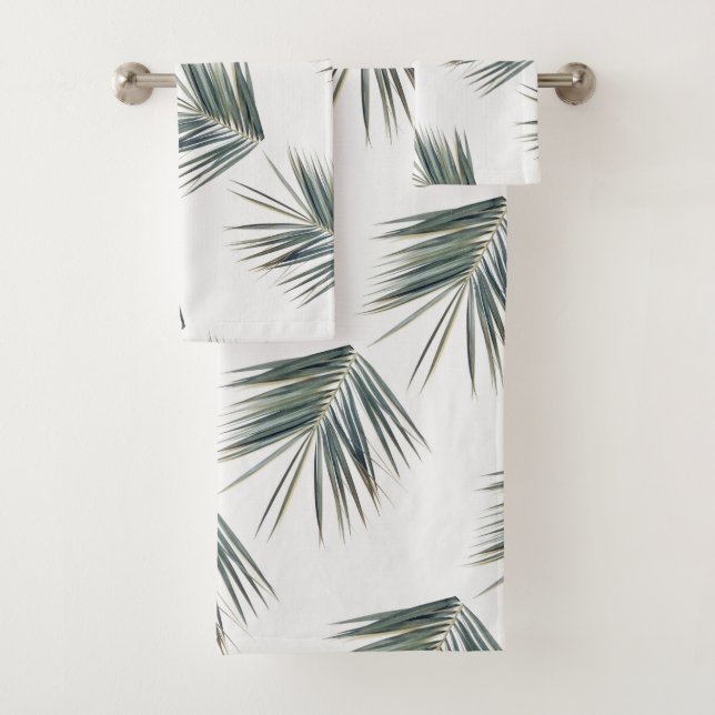 Pale Green Palm Tree Leaves Pattern Bath Towel Set (Insitu)