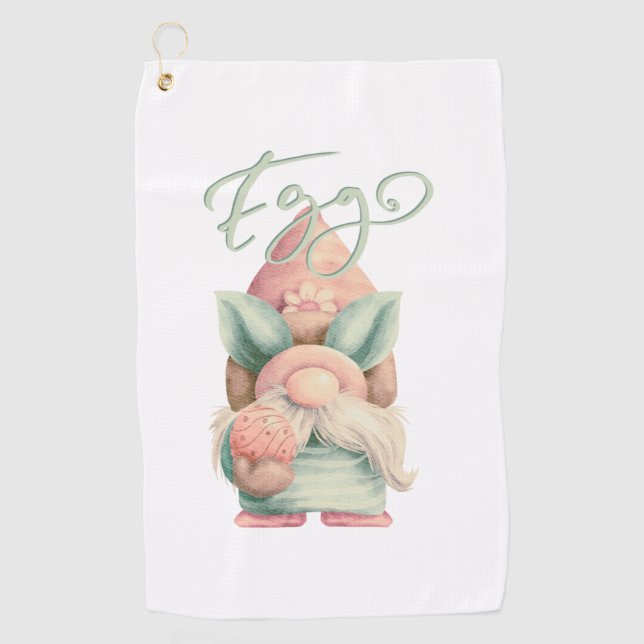 Pale Green Pink Easter Gnome with Egg   Golf Towel (Front)
