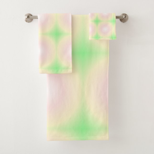 Pale Green Rose White 3D Optical Gradient Pattern Bath Towel Set (Insitu)