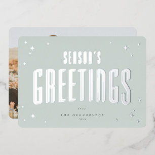 Pale Green Season's Greetings Retro Stars Photo  Foil Holiday Card