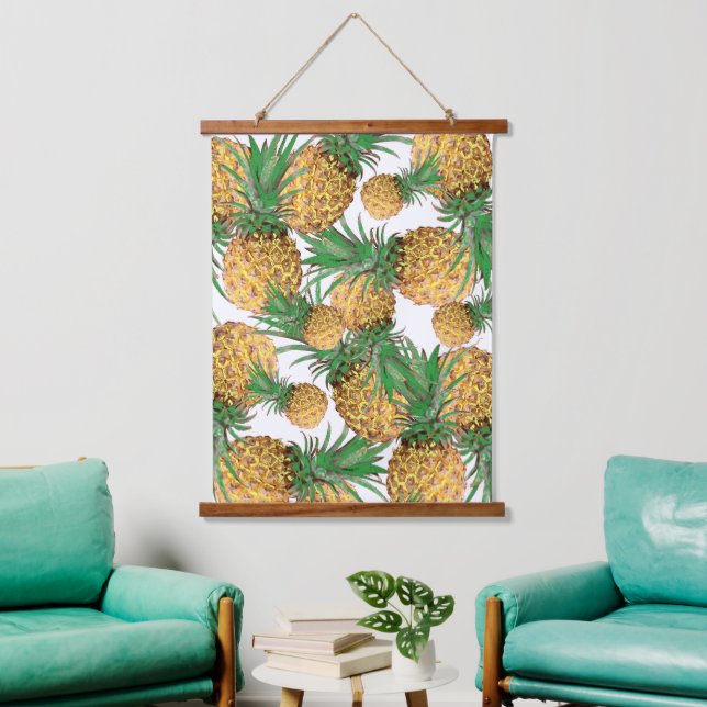 Pale Green Stylized Pineapples Pattern Hanging Tapestry (Living Room)