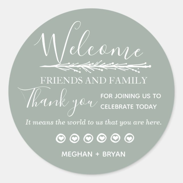 Pale Green Wedding Thank You Friends & Family Classic Round Sticker (Front)