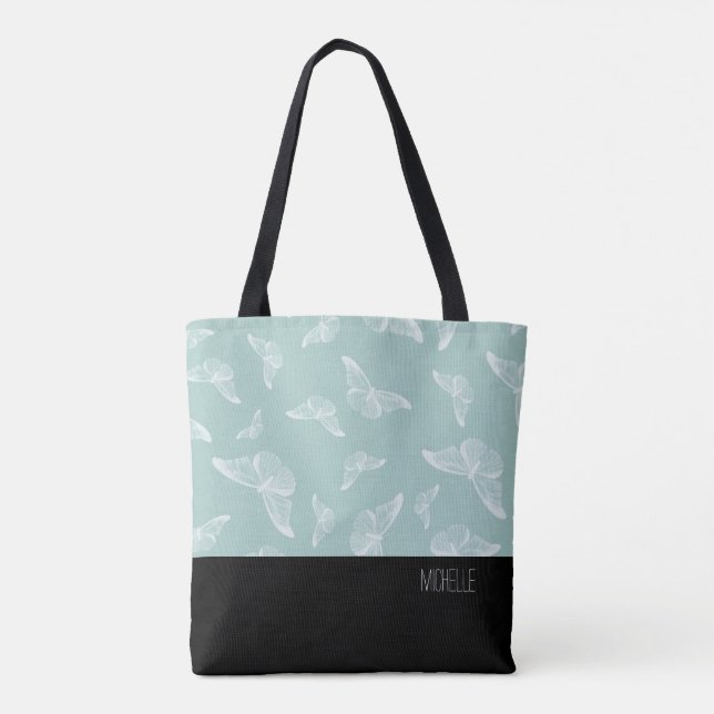 Pale Green White Butterfly Black Bottom with Name Tote Bag (Back)
