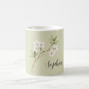 Pale Green White Flowers Personalized Coffee Mug