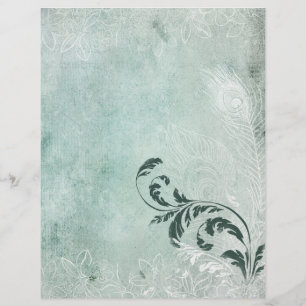 Pale Green & White Peacock Feather Scrapbook Paper