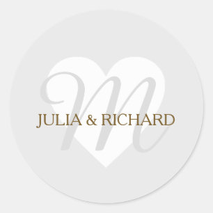 pale grey family initial + names wed love monogram classic round sticker