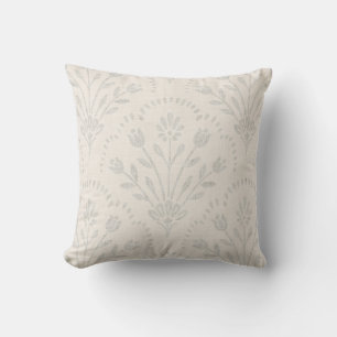 Pale Grey Folk Floral Scallop Pattern Throw Pillow