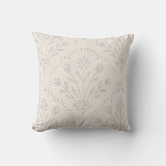 Pale Grey Folk Floral Scallop Pattern Throw Pillow (Front)