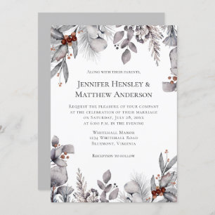 Pale Grey, Silver Terracotta Winter Wedding Invitation