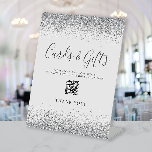 Pale Grey Silver Wedding Cards Gifts QR Code Pedestal Sign (Creator Uploaded)