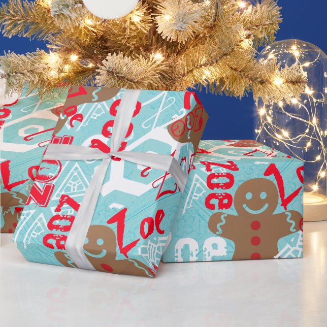Pale Ice Blue Gingerbread personalized Gift Wrap (Holidays)
