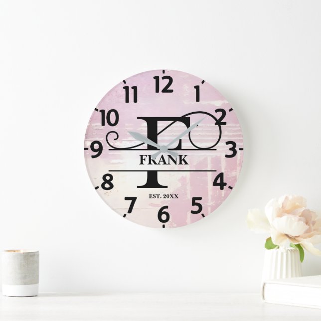 Pale Lavender Distressed F Monogram Large Clock (Home)