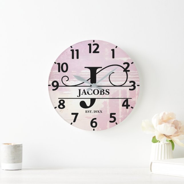 Pale Lavender Distressed J Monogram Large Clock (Home)