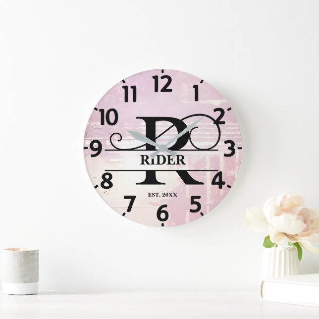 Pale Lavender Distressed R Monogram Large Clock (Home)