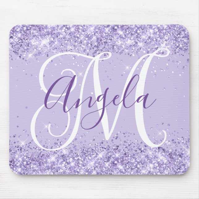 Pale Lavender Glitter Elegant Script Monogram Mouse Pad (Front)