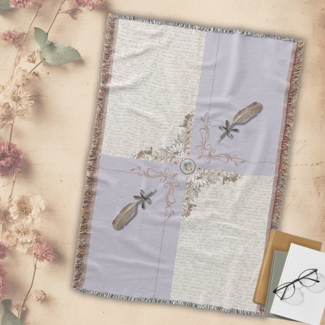 Pale Lavender Serene Manuscript Woven Fringe Throw Blanket (Unwind in tranquil lavender comfort. 💜 This beautiful woven throw creates a serene atmosphere.)
