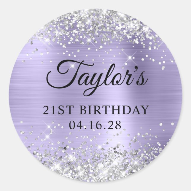 Pale Lavender Silver Glittery Foil 21st Birthday Classic Round Sticker (Front)