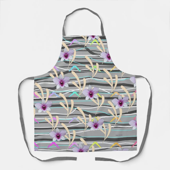 Pale Leaf Gray Pattern Purple Center Floral  Apron (Front)