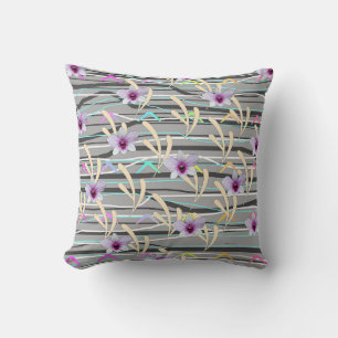 Pale Leaf Gray Pattern Purple Center Floral Throw Pillow