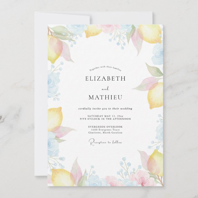 Pale Lemon Citrus Eucalyptus Wedding Invitation (Front)