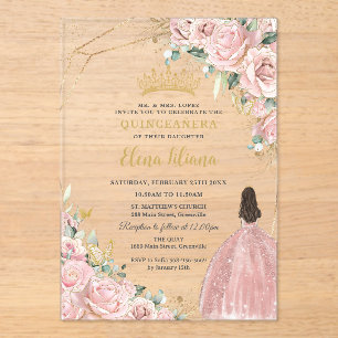 Pale Light Pink Floral Roses Quinceanera Sweet 16 Acrylic Invitations