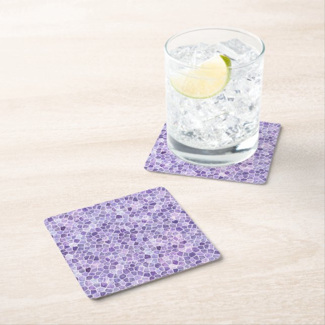 Pale Lilac And Purple Cobbled Patchwork Terrazo Pa Square Paper Coaster (Insitu)