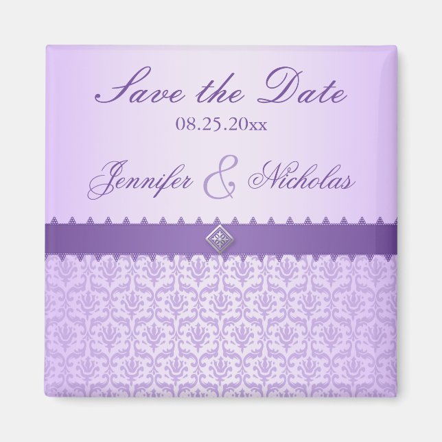 Pale Lilac Metallic Damask & Ribbon Save the Date Magnet (Front)