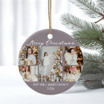 Pale Mauve Merry Christmas Photo Collage 2025 Ceramic Ornament<br><div class="desc">Chic pale mauve Christmas ornament gift with chic handwritten scrawl MERRY CHRISTMAS above your family photo collage of your 5 favourite 2025 pictures. The beautiful back features a pattern of white hand drawn pine and fire trees. Modern elegant holiday present featuring one vertical photograph in the centre and 4 square...</div>