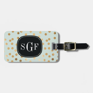 Pale Mint Blue and Gold Glitter City Dots Monogram Luggage Tag