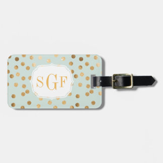 Pale Mint Blue and Gold Glitter City Dots Monogram Luggage Tag