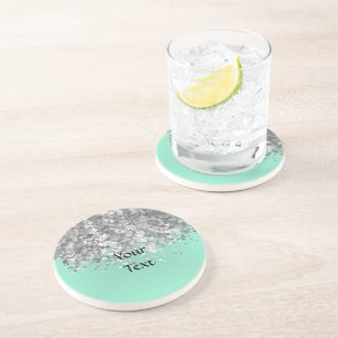Pale mint green and faux glitter personalized coaster