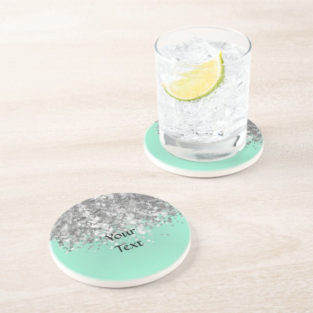 Pale mint green and faux glitter personalized coaster (Side)