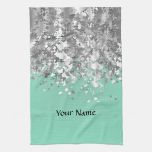 Pale mint green and faux glitter personalized kitchen towel