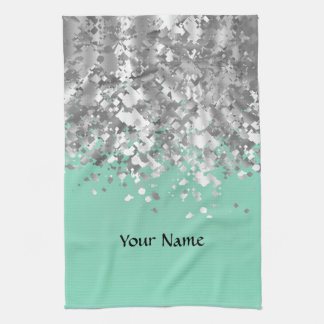 Pale mint green and faux glitter personalized kitchen towel