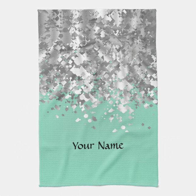 Pale mint green and faux glitter personalized kitchen towel (Vertical)