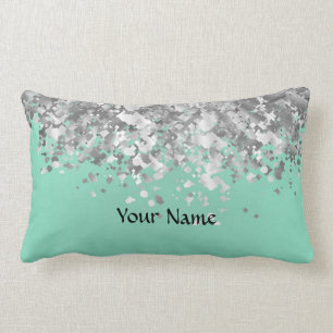 Pale mint green and faux glitter personalized lumbar pillow