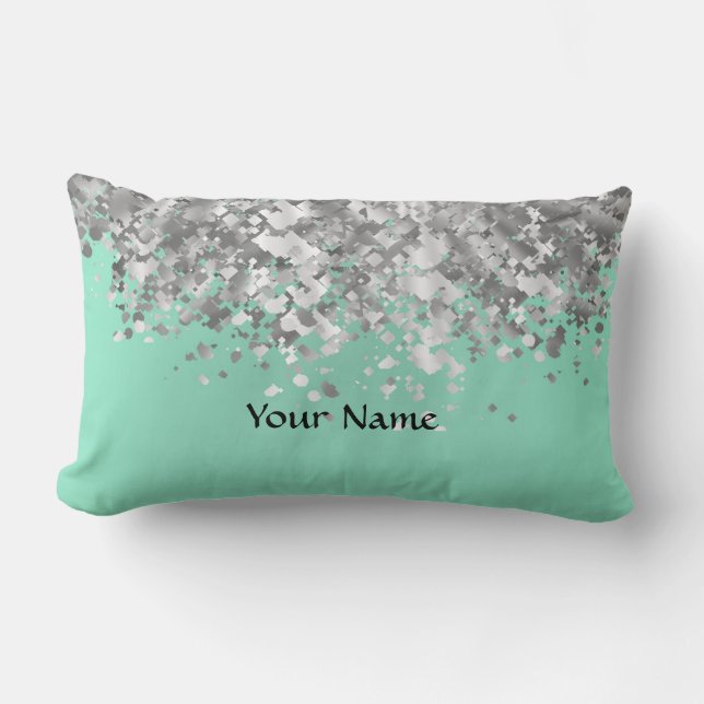 Pale mint green and faux glitter personalized lumbar pillow (Front)