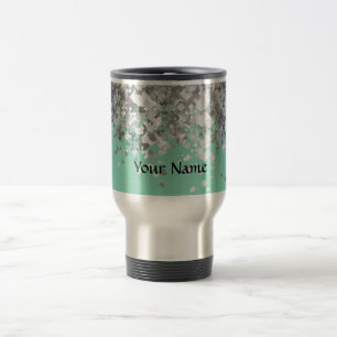 Pale mint green and faux glitter personalized travel mug