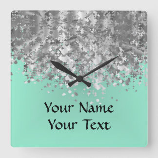 Pale mint green faux glitter personalized square wall clock