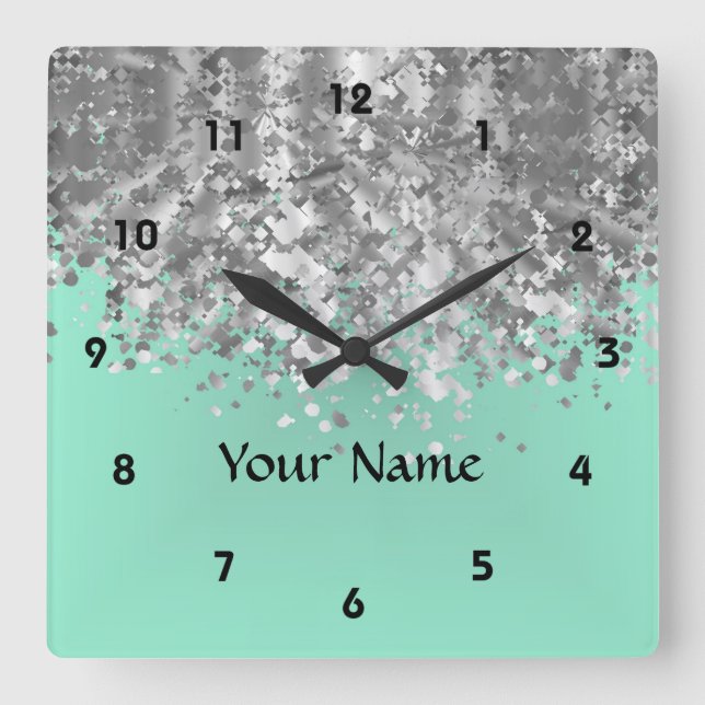 Pale mint green faux glitter personalized square wall clock (Front)