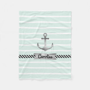 Pale Mint Stripes Watercolor Anchor Personalized Fleece Blanket