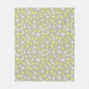Pale Olive Khaki Sage Beige Yellow Pink Floral Fleece Blanket
