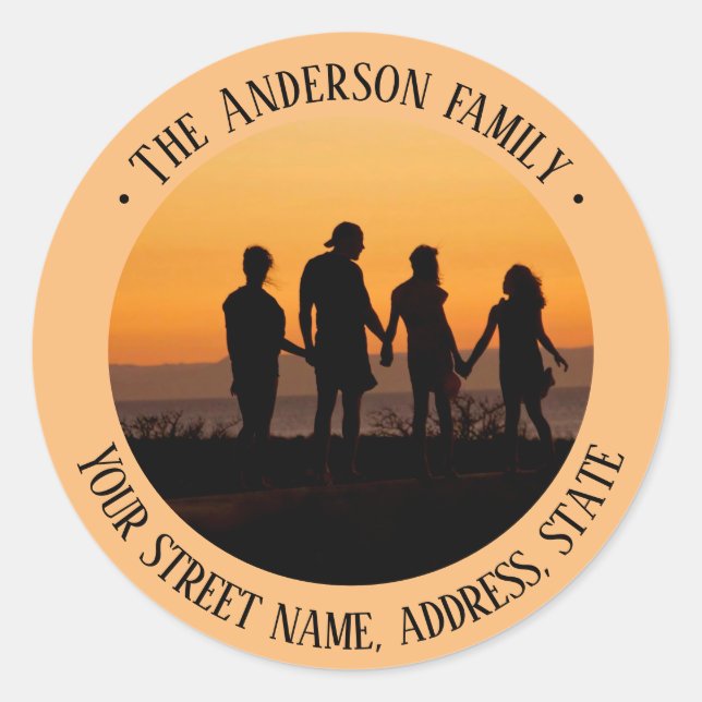 Pale orange Family customizable address and photo  Classic Round Sticker (Front)